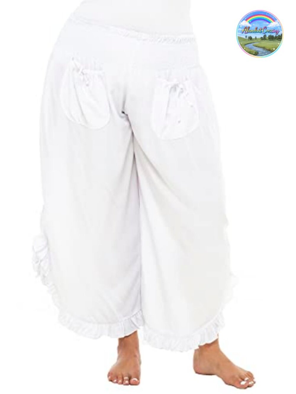 Cropped Wide Leg Pants Elastic Waist Patch Pockets Boho Rayon